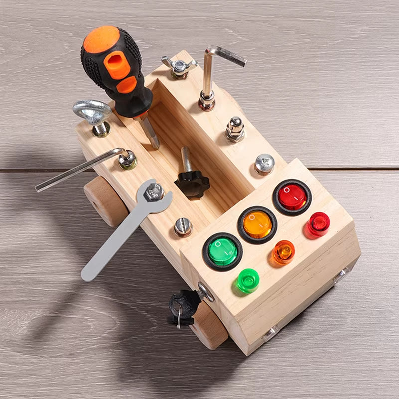 Children'S Wooden LED Switch Busy Board Disassembly and Assembly Screws and Nuts Tool Car Montessori Early Education Puzzle Toy
