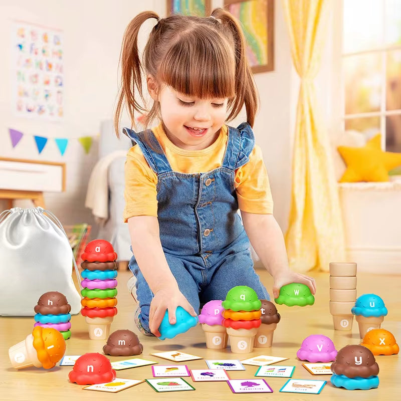Montessori Number Matching Ice Cream Stack Game Parish Sensory Color Cognitive Counting Learning Educational Toys for Children
