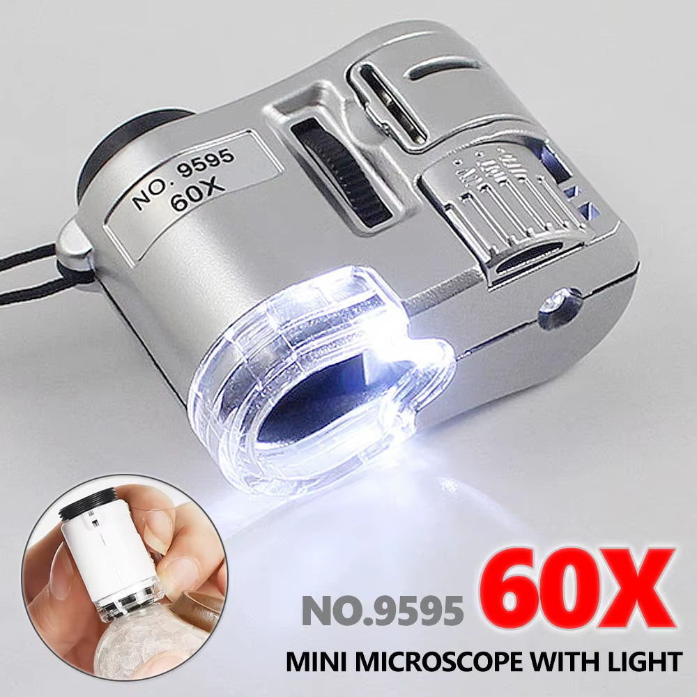 60X Illuminated Magnifying Glass with Light Lamp Led Mini Pocket Microscope Portable Hand Jeweler Magnifier Lupe Loupe Tools
