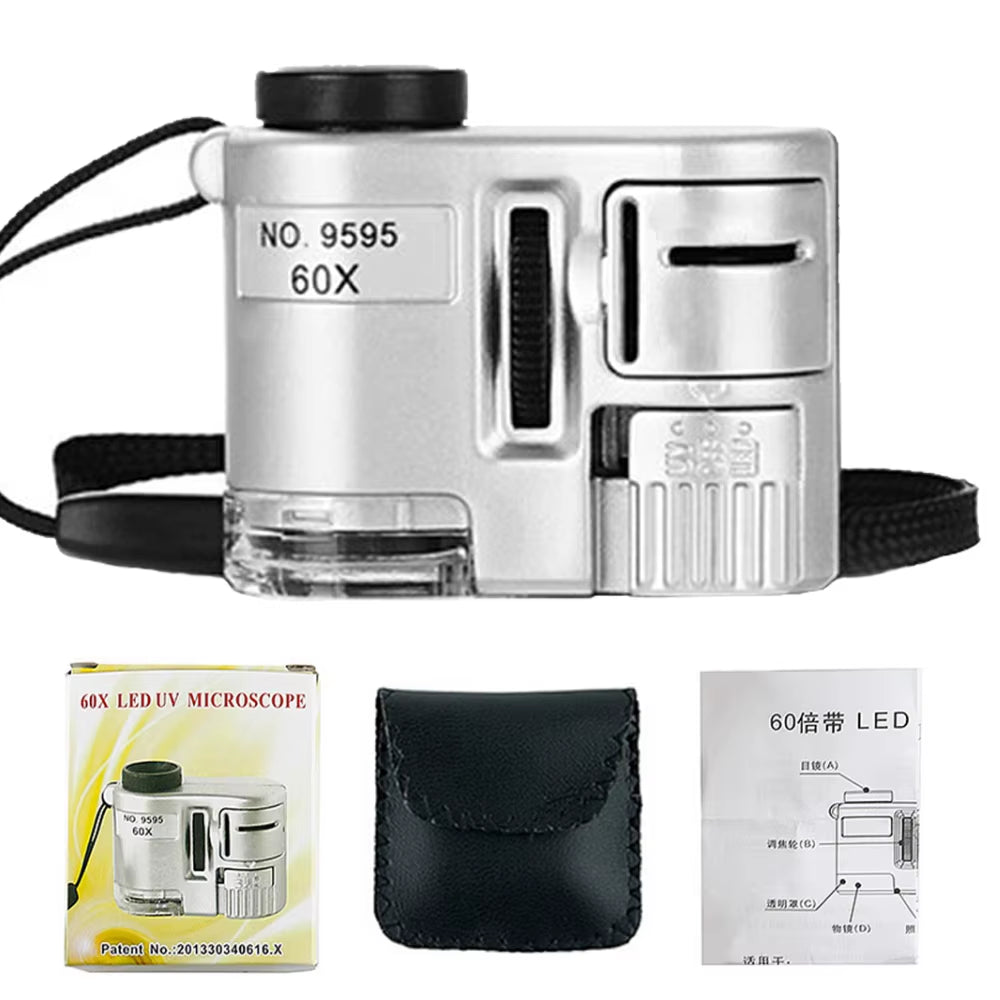 60X Illuminated Magnifying Glass with Light Lamp Led Mini Pocket Microscope Portable Hand Jeweler Magnifier Lupe Loupe Tools
