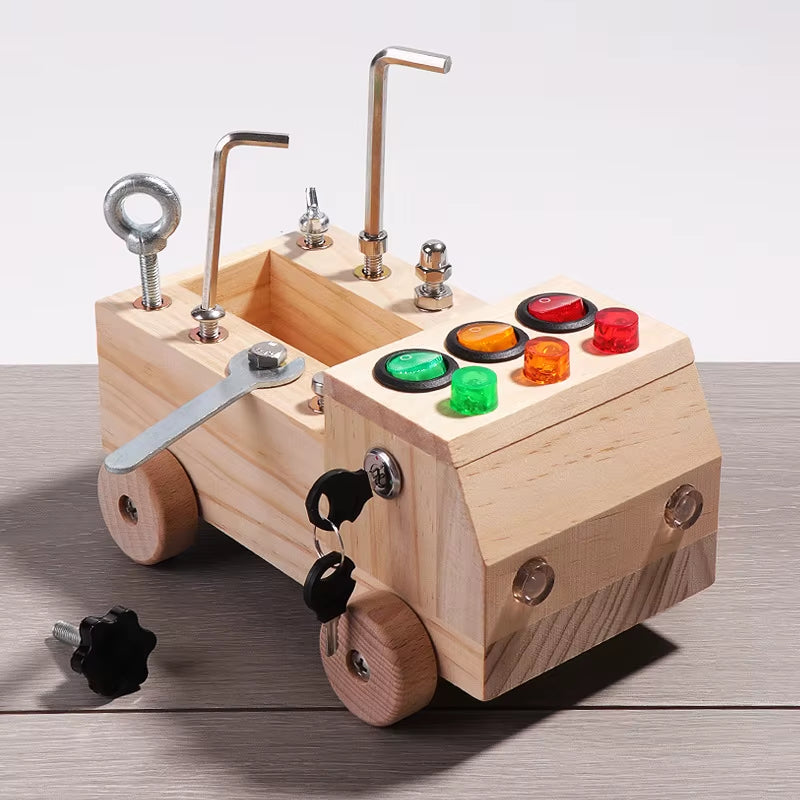 Children'S Wooden LED Switch Busy Board Disassembly and Assembly Screws and Nuts Tool Car Montessori Early Education Puzzle Toy