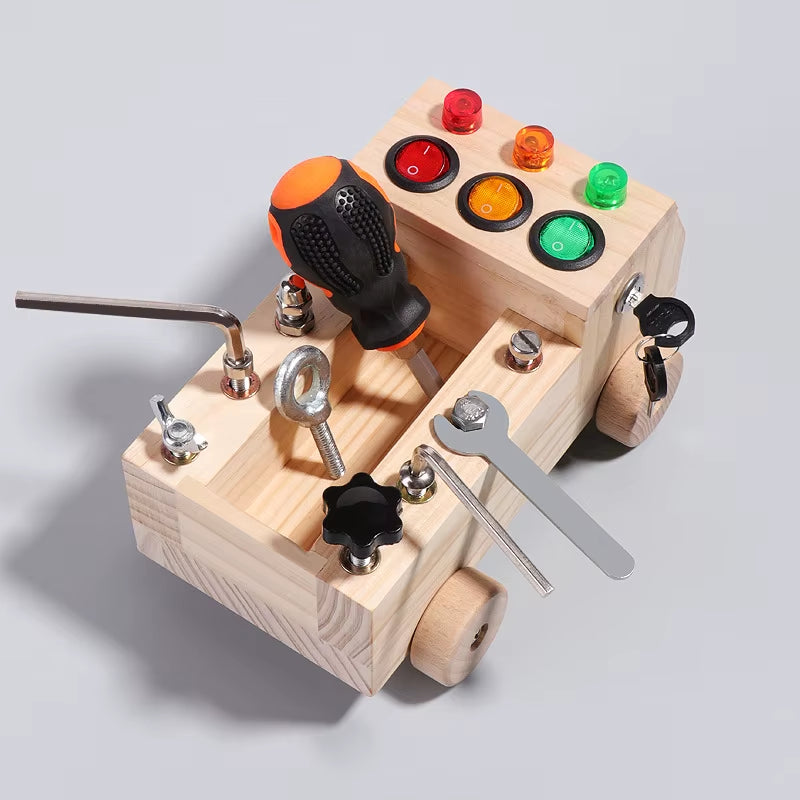 Children'S Wooden LED Switch Busy Board Disassembly and Assembly Screws and Nuts Tool Car Montessori Early Education Puzzle Toy