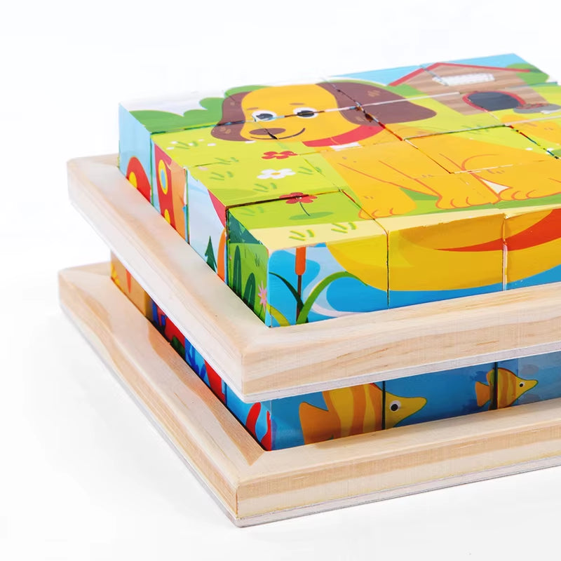 Six Sides Painted Wooden Puzzle Three-Dimensional Traffic Animal Puzzle Building Blocks Early Education Educational Toy
