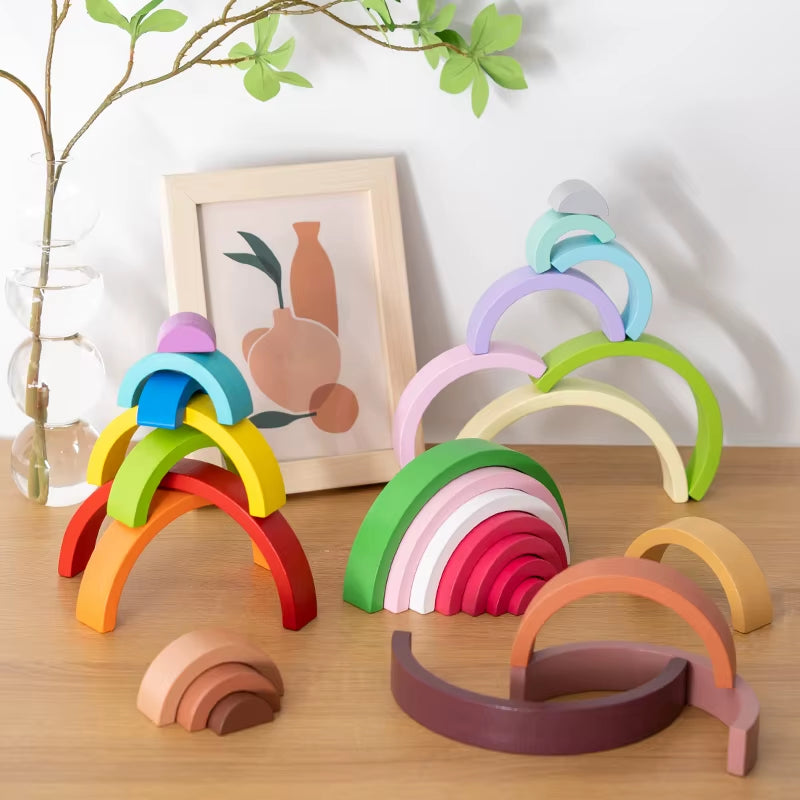 Arch Bridge Rainbow Wooden Building Blocks Stacking Games Color Cognitive Kids Montessori Educational Wood Toys for Children