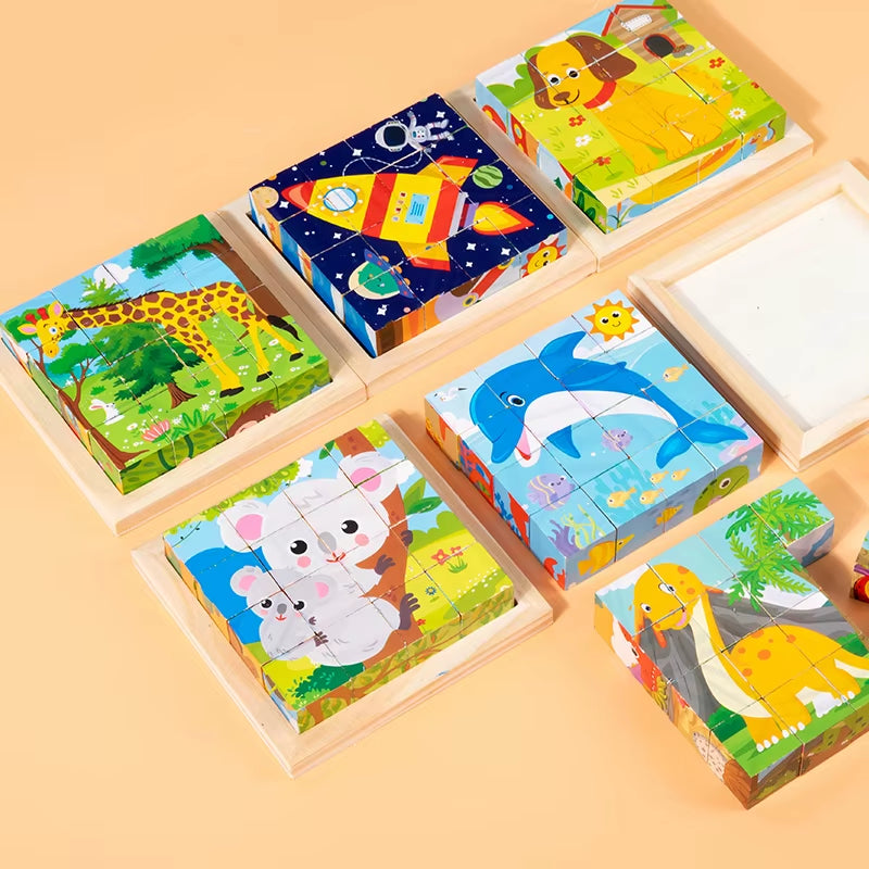 Six Sides Painted Wooden Puzzle Three-Dimensional Traffic Animal Puzzle Building Blocks Early Education Educational Toy
