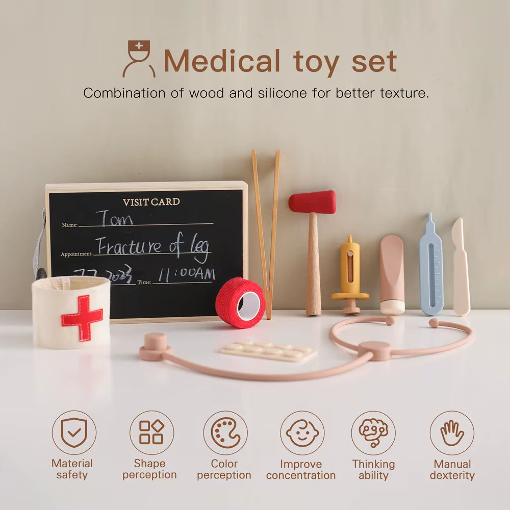 Children Doctor Toy Set Wooden Simulation Medical Box Baby Play House Games Educational Toys Children Montessori Toy Gifts
