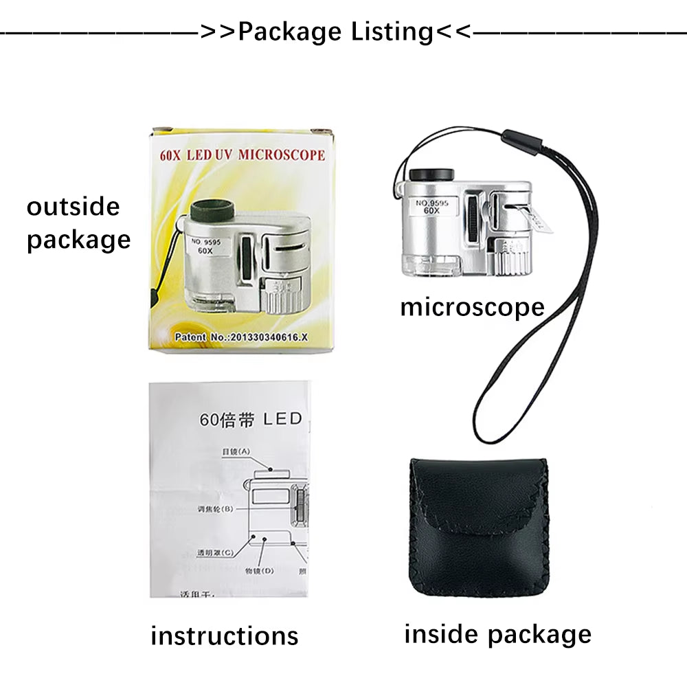 60X Illuminated Magnifying Glass with Light Lamp Led Mini Pocket Microscope Portable Hand Jeweler Magnifier Lupe Loupe Tools
