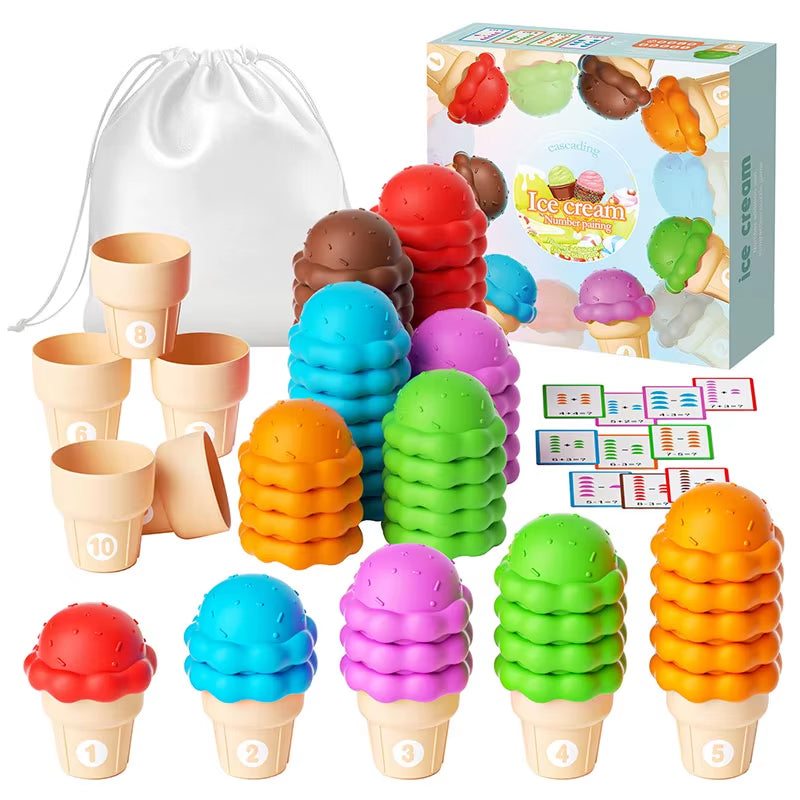 Montessori Number Matching Ice Cream Stack Game Parish Sensory Color Cognitive Counting Learning Educational Toys for Children