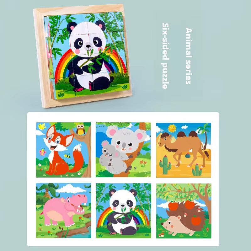 Six Sides Painted Wooden Puzzle Three-Dimensional Traffic Animal Puzzle Building Blocks Early Education Educational Toy