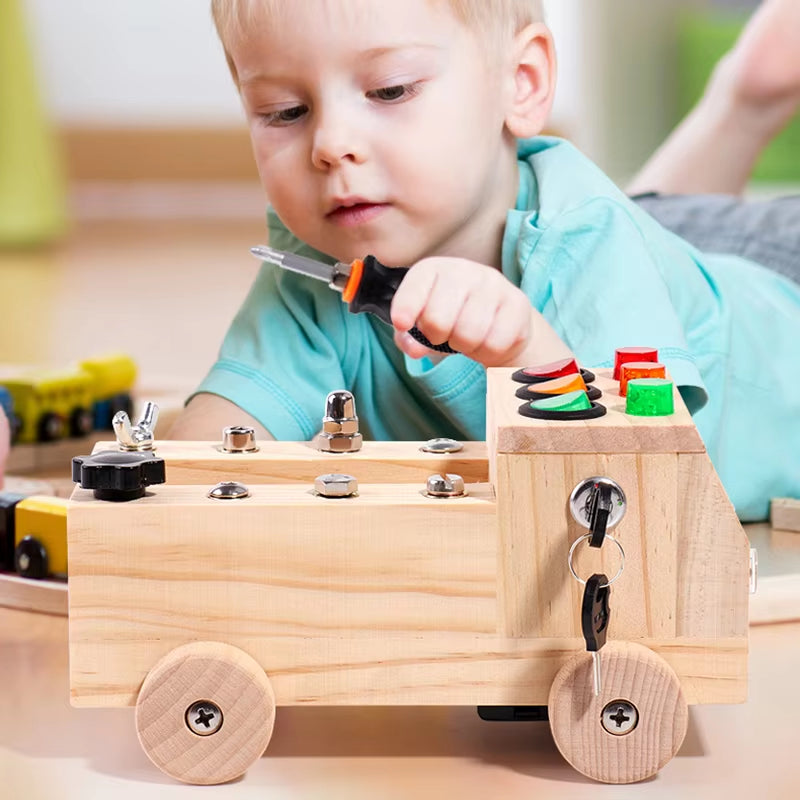 Children'S Wooden LED Switch Busy Board Disassembly and Assembly Screws and Nuts Tool Car Montessori Early Education Puzzle Toy