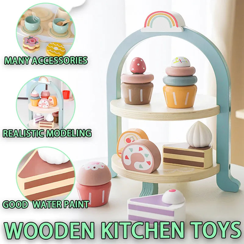 Girls Toys Wooden Afternoon Tea Set Children'S Toy Kitchen Pretend Play Set Toaster Coffee Maker Ice Cream Kids Educational Toy