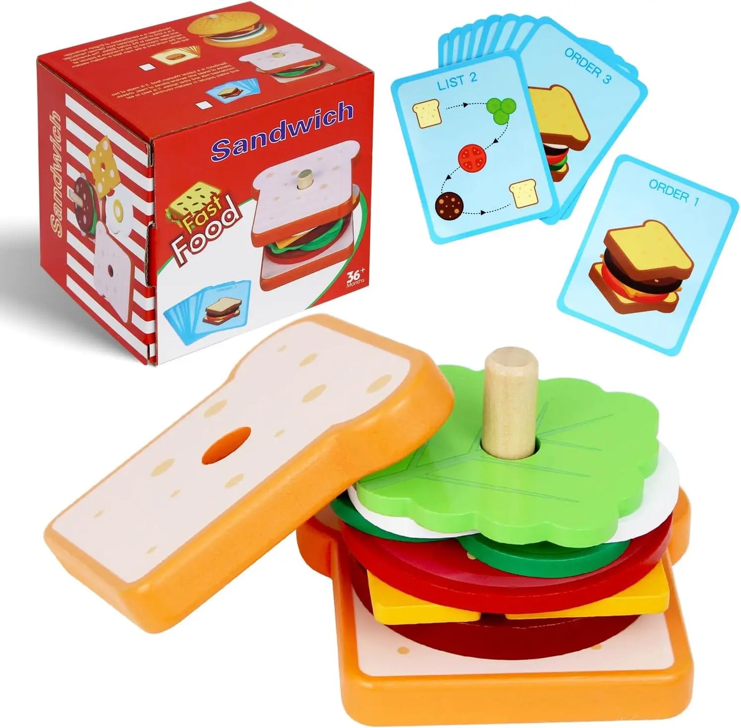 Wooden Burger Sandwich Stacking Toys for Toddler Kids Preschool Learning Educational Toys Pretend Play Food Kitchen Toys Gift