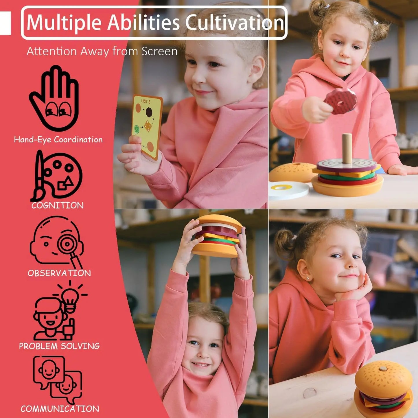Wooden Burger Sandwich Stacking Toys for Toddler Kids Preschool Learning Educational Toys Pretend Play Food Kitchen Toys Gift