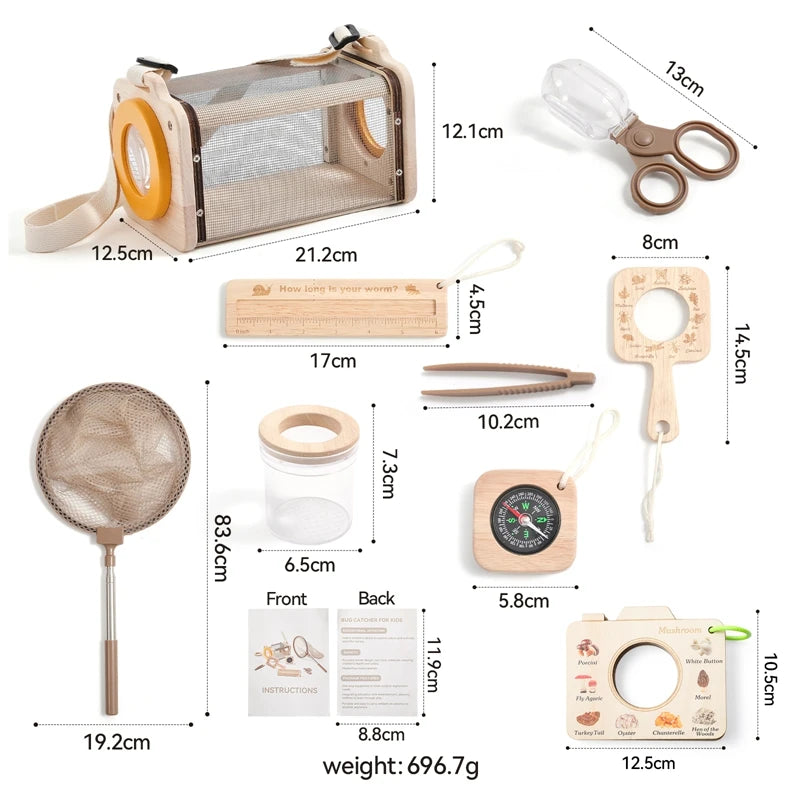 Outdoor Adventure Kit for Kids Insect Nets, Wooden Leaf Cognitive Magnifying Glasses Natural Forest Exploration Toys Kid'S Gift