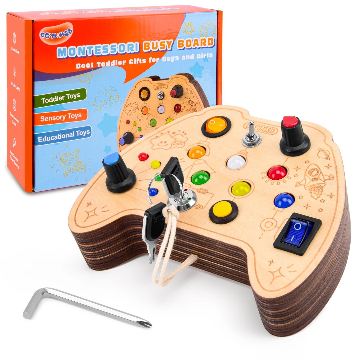 Montessori Educational Busy Board for over 3 Years Old Baby LED Light Busyboard Toddler Toy Cute Pattern Wooden Sensory Toy