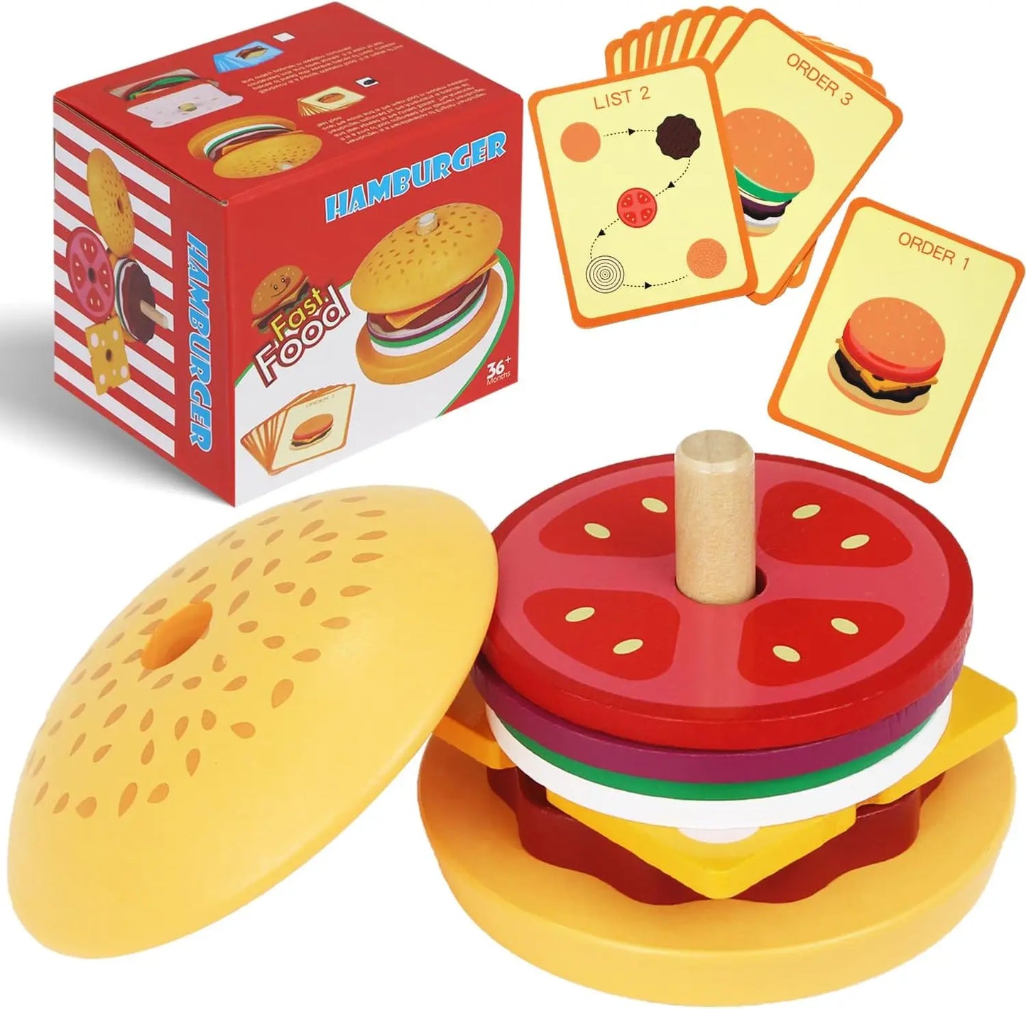 Wooden Burger Sandwich Stacking Toys for Toddler Kids Preschool Learning Educational Toys Pretend Play Food Kitchen Toys Gift