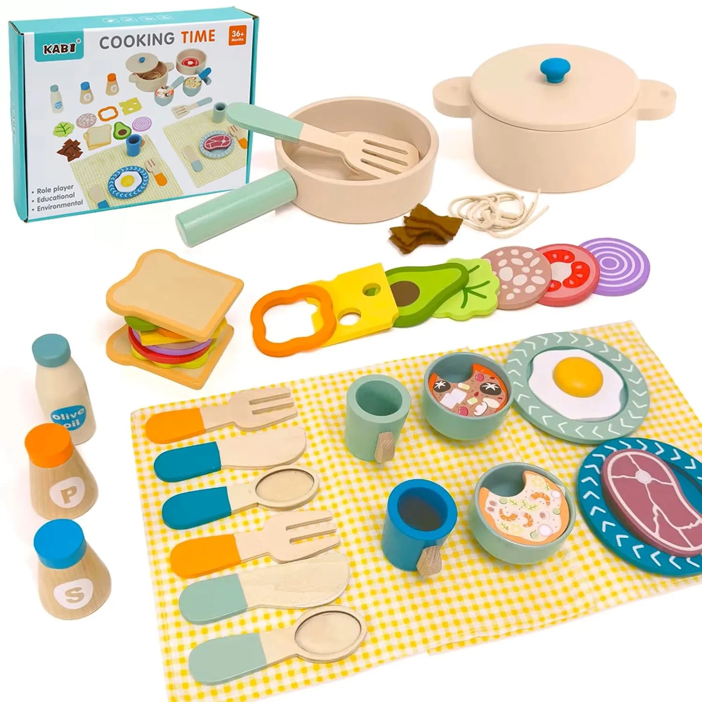 Wooden Kitchen Pretend Play Set Montessori Simulation Plates Dishes Accessories Kitchen Playset Toy for Toddlers Gifts Ages 3+