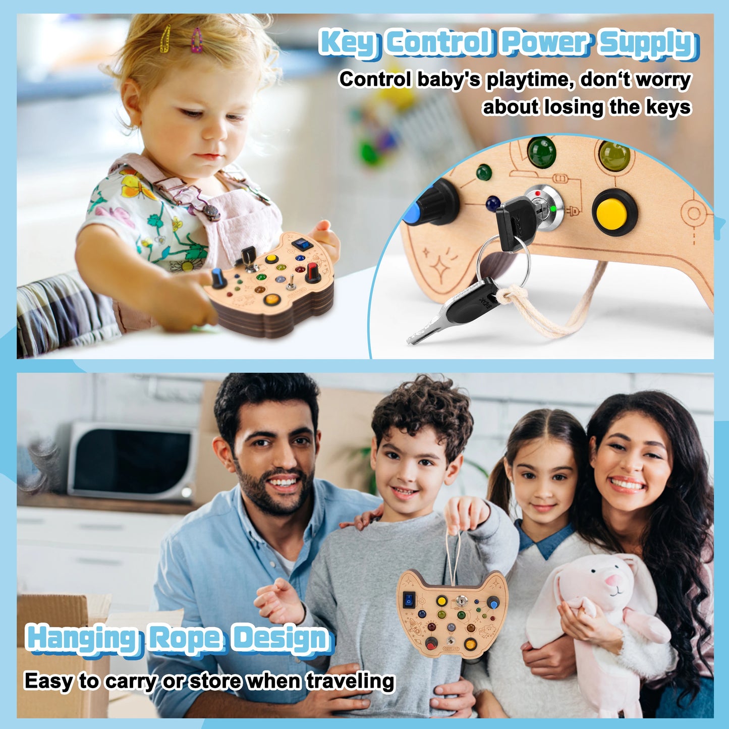 Montessori Educational Busy Board for over 3 Years Old Baby LED Light Busyboard Toddler Toy Cute Pattern Wooden Sensory Toy