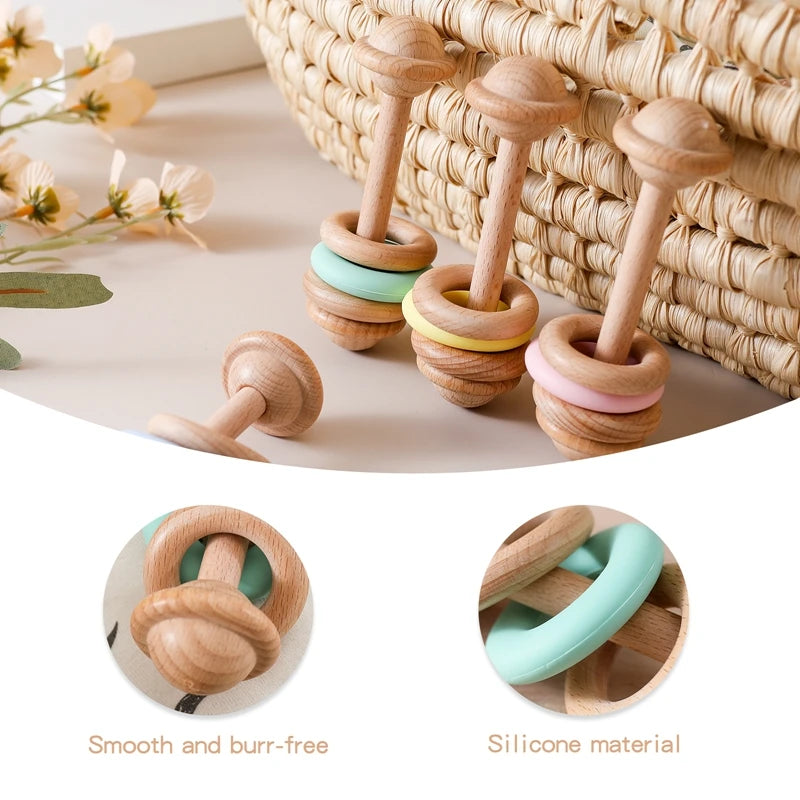 Baby Toys Wooden Rattles Silicone Ring Baby Rattles and Mobiles 0 12 Months Sensory Toys for Baby Wooden Teether for Baby Gifts