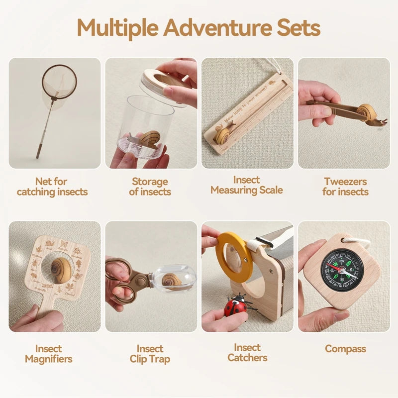 Outdoor Adventure Kit for Kids Insect Nets, Wooden Leaf Cognitive Magnifying Glasses Natural Forest Exploration Toys Kid'S Gift