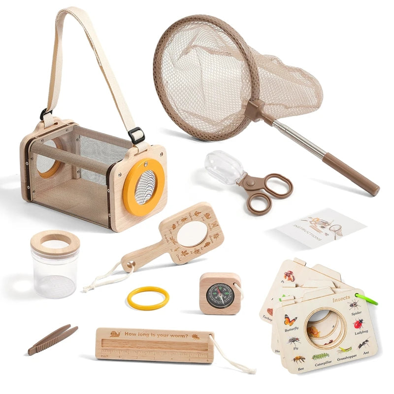Outdoor Adventure Kit for Kids Insect Nets, Wooden Leaf Cognitive Magnifying Glasses Natural Forest Exploration Toys Kid'S Gift