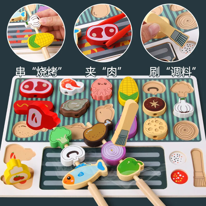 Montessori Wooden Pretend Play Kitchen Toys Dessert Puzzle Toys Simulation Barbecue Pretend Role Indoor Game for Toddlers Age 3+