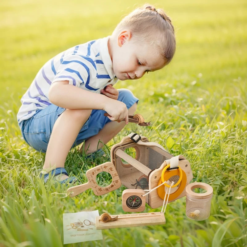 Outdoor Adventure Kit for Kids Insect Nets, Wooden Leaf Cognitive Magnifying Glasses Natural Forest Exploration Toys Kid'S Gift