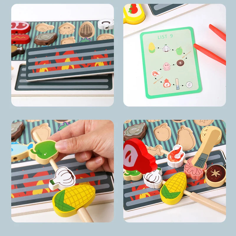 Montessori Wooden Pretend Play Kitchen Toys Dessert Puzzle Toys Simulation Barbecue Pretend Role Indoor Game for Toddlers Age 3+