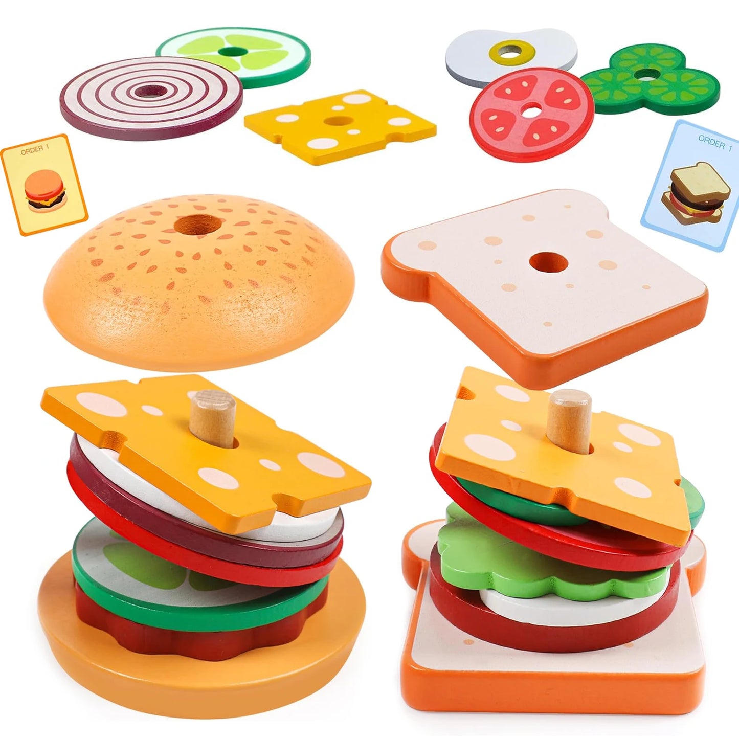 Wooden Burger Sandwich Stacking Toys for Toddler Kids Preschool Learning Educational Toys Pretend Play Food Kitchen Toys Gift