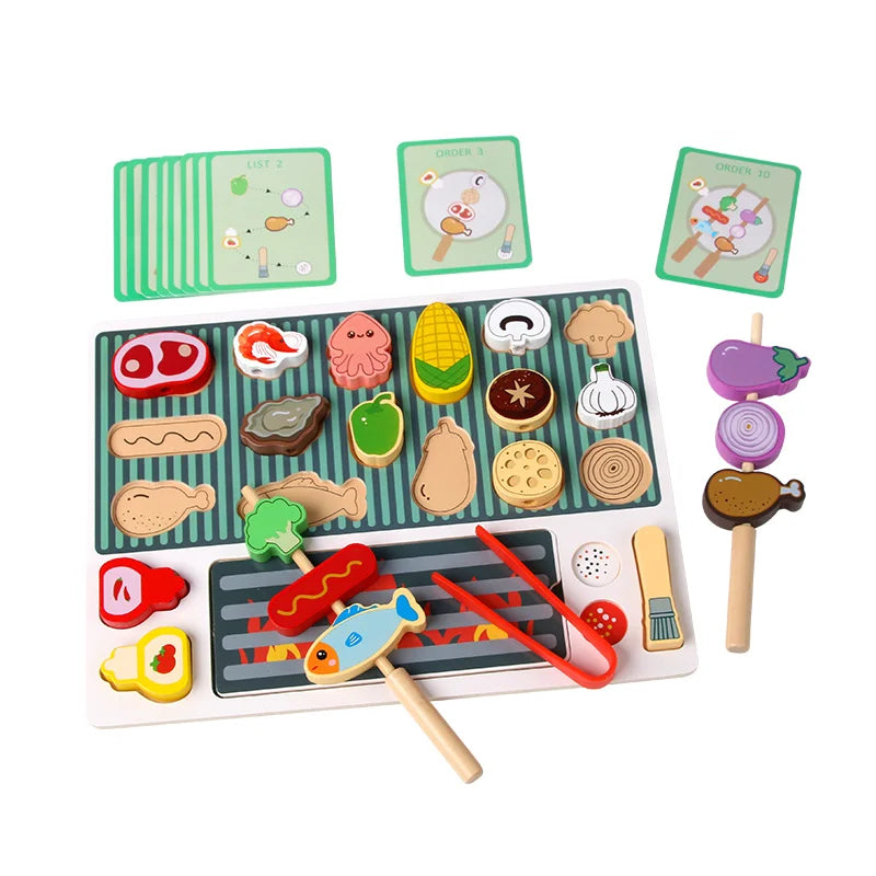Montessori Wooden Pretend Play Kitchen Toys Dessert Puzzle Toys Simulation Barbecue Pretend Role Indoor Game for Toddlers Age 3+