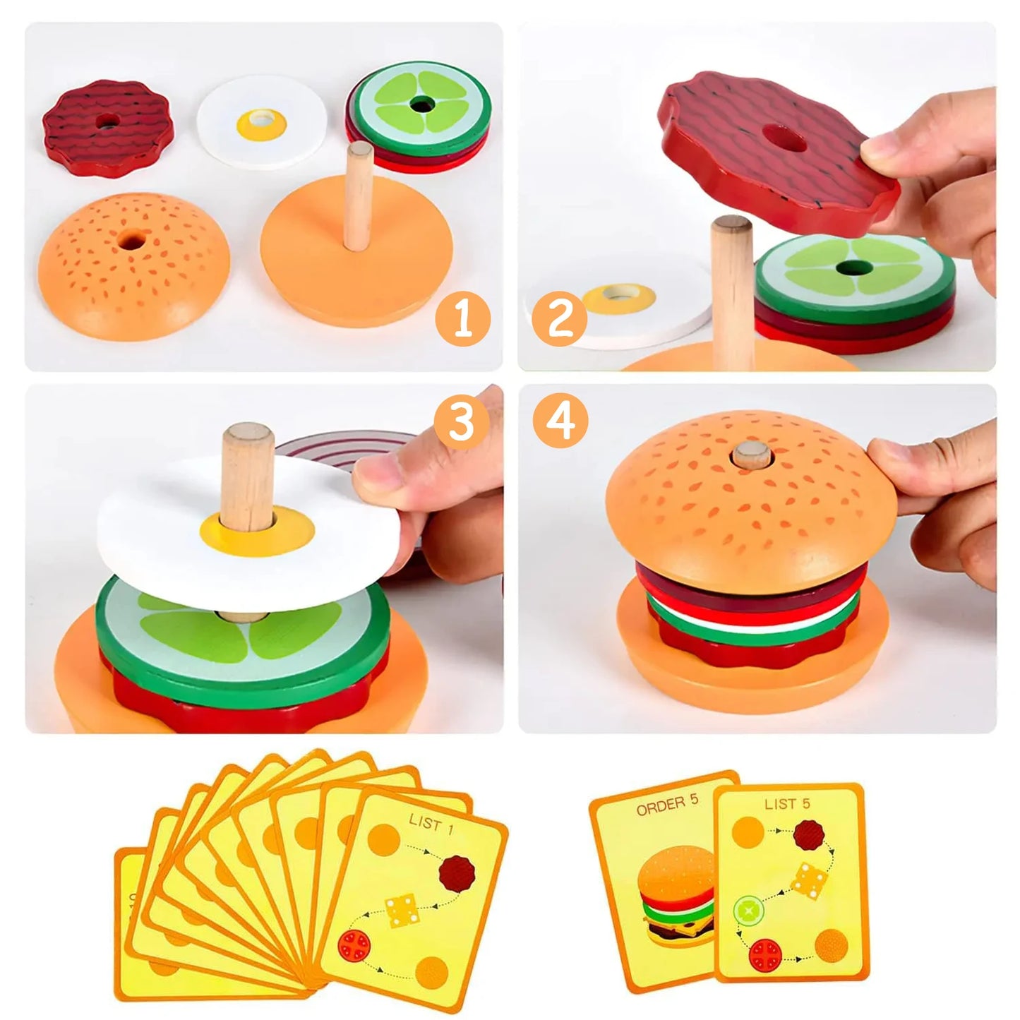 Wooden Burger Sandwich Stacking Toys for Toddler Kids Preschool Learning Educational Toys Pretend Play Food Kitchen Toys Gift