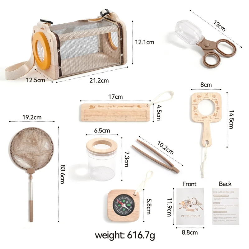 Outdoor Adventure Kit for Kids Insect Nets, Wooden Leaf Cognitive Magnifying Glasses Natural Forest Exploration Toys Kid'S Gift