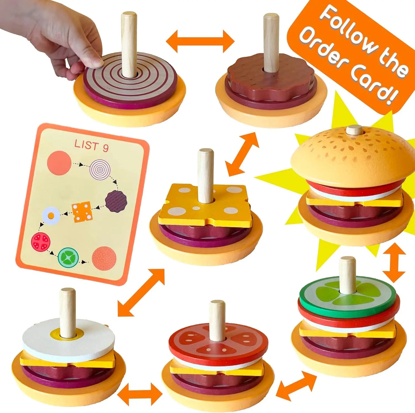 Wooden Burger Sandwich Stacking Toys for Toddler Kids Preschool Learning Educational Toys Pretend Play Food Kitchen Toys Gift
