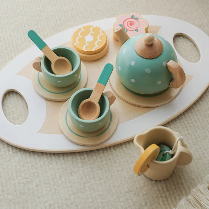 Girls Toys Wooden Afternoon Tea Set Children'S Toy Kitchen Pretend Play Set Toaster Coffee Maker Ice Cream Kids Educational Toy
