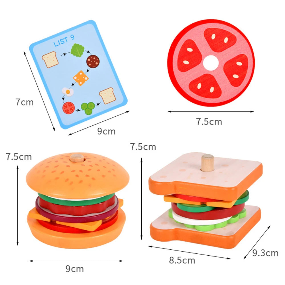 Wooden Burger Sandwich Stacking Toys for Toddler Kids Preschool Learning Educational Toys Pretend Play Food Kitchen Toys Gift
