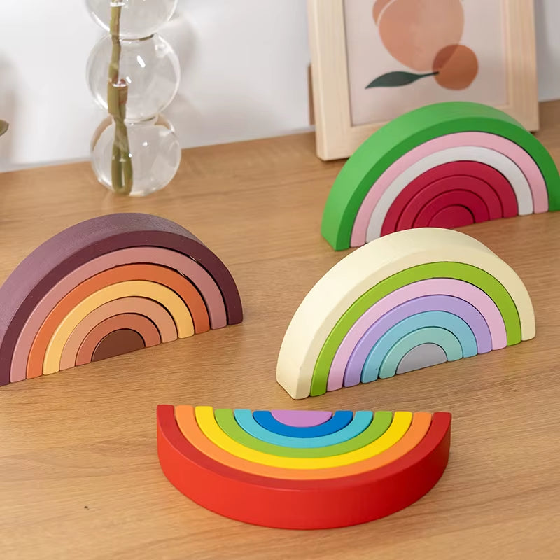 Arch Bridge Rainbow Wooden Building Blocks Stacking Games Color Cognitive Kids Montessori Educational Wood Toys for Children