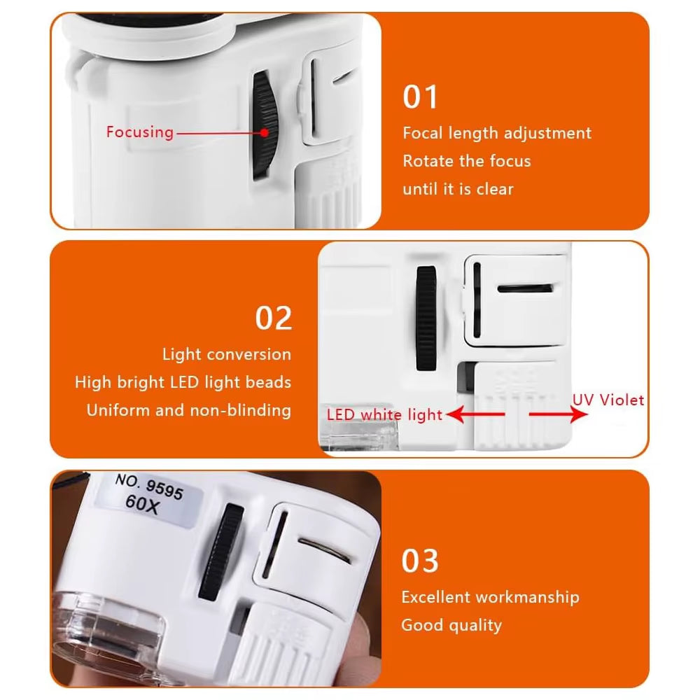 60X Illuminated Magnifying Glass with Light Lamp Led Mini Pocket Microscope Portable Hand Jeweler Magnifier Lupe Loupe Tools