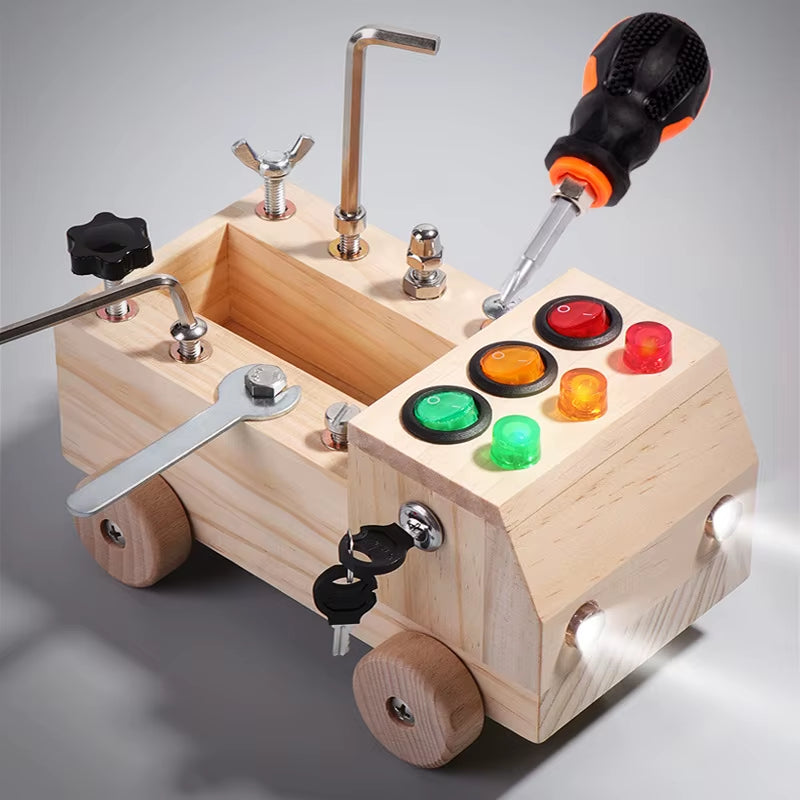 Children'S Wooden LED Switch Busy Board Disassembly and Assembly Screws and Nuts Tool Car Montessori Early Education Puzzle Toy