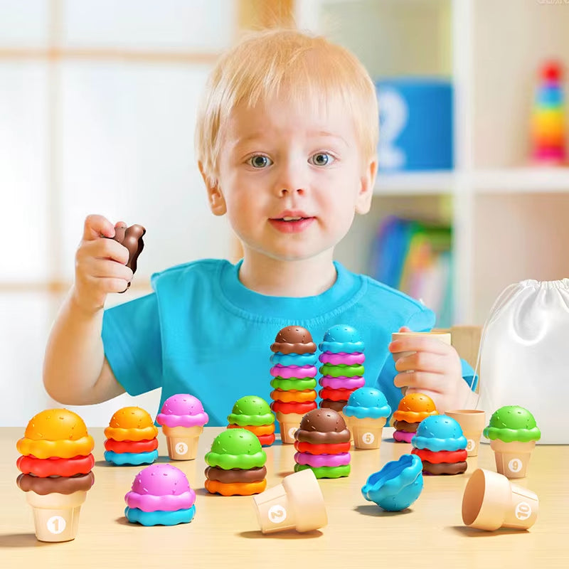 Montessori Number Matching Ice Cream Stack Game Parish Sensory Color Cognitive Counting Learning Educational Toys for Children